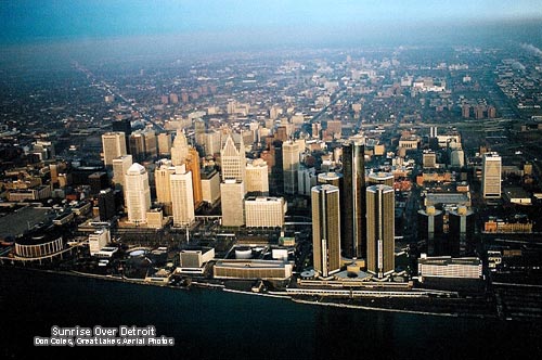 Detroit Skyline Aerial At Sunrise