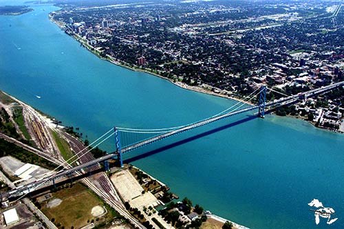Detroit Skyline Aerial Ambassador Bridge 
